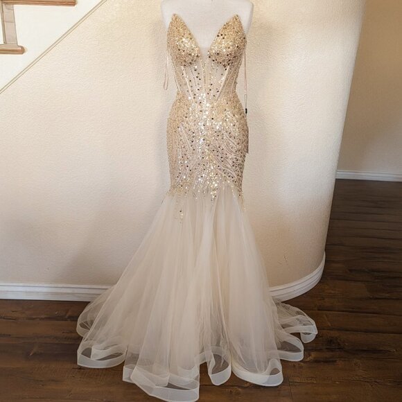 Champagne Gold Sequin Strapless Corset Side Slit Prom Formal Dress 4